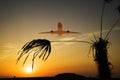 Passenger plane fly up over take-off runway from airport at sunset, sunrise Royalty Free Stock Photo