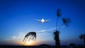 Passenger plane fly up over take-off runway from airport at sunset, sunrise Royalty Free Stock Photo