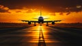 A passenger plane flying in the colorful sky. Aircraft takes off from the airport runway during the sunset. Royalty Free Stock Photo