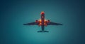a passenger plane is flying through deep blue sky, in the style of green and azure. Generative AI Royalty Free Stock Photo