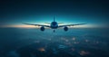 a passenger plane is flying through deep blue sky, in the style of green and azure. Generative AI Royalty Free Stock Photo