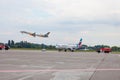 Passenger plane of the German airline Eurowings and AZURAIR Boeing 757-300 UR-AZO. Airport apron. Aircraft Fire engine