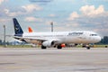 Passenger plane of the German airline Lufthansa D-AIDB. Airport apron. Germany aircraft on runway. Airplane Airbus A321