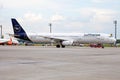 Passenger plane of the German airline Lufthansa D-AIDB. Airport apron. Germany aircraft on runway. Airplane Airbus A321