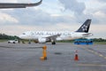 Passenger plane of the German airline STAR ALLIANCE Airbus A-319 D-AILS. Airport apron. Germany aircraft on runway