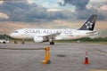 Passenger plane of the German airline STAR ALLIANS Airbus A-319 D-AILS. Airport apron. Germany aircraft on runway