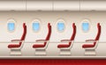 Passenger plane interior. Aircraft cabin with white closeup windows portholes plane inside comfort chairs vector