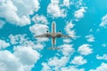 Passenger plane landing at airport with blue sky, white clouds, copy space for text placement