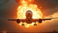 Passenger plane mid air explosion. Aircraft catastrophic event. Winged airplane exploding against cloudscape, bright sky. Royalty Free Stock Photo