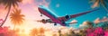Passenger plane over palm trees with beautiful blue pink orange sun . Generative AI