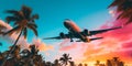 Passenger plane over palm trees with beautiful blue pink orange sun . Generative AI