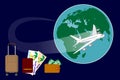 Passenger plane takes off against the background of the planet Earth, with a suitcase, passport, purse