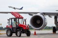 Passenger plane wing. German airline Lufthansa D-AIDB. Airport life apron. Engine, turbine blades. Aircraft and red