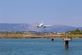 Passenger`s airplane is landing at Kerkyra Airport. Royalty Free Stock Photo