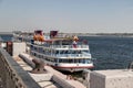 Passenger ship Alexander Suvorov moored at the pier of the Central embankment of Volgograd opposite the river port