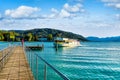 Passenger ship is docking at Seewalchen am Attersee, Salzkammergut, Austria Royalty Free Stock Photo
