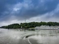 Passenger tourist ship standing at the pier on the island of Valaam. Karelia Royalty Free Stock Photo