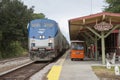 Passenger train at american railroad station Royalty Free Stock Photo