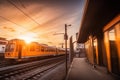 passenger train arriving at city railway station at sunset modern passenger transportation in motion Royalty Free Stock Photo