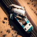 Passenger train crash accident, aerial view. Broken wagons and damaged locomotive Ai, generative