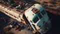 Passenger train crash accident, aerial view. Broken wagons and damaged locomotive Ai, generative