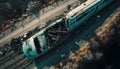 Passenger train crash accident, aerial view. Broken wagons and damaged locomotive Ai, generative