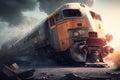 Passenger train crash accident. Broken wagons and damaged locomotive on the railway. Created with Generative AI