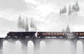 A passenger train crosses a bridge as it runs through a snow covered, foggy, mountain valley