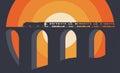 A passenger train crosses an elevated railroad trestle with a graphic orange and yellow sunset Royalty Free Stock Photo