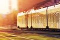 Passenger train moving along railway in sunset in summer. Royalty Free Stock Photo