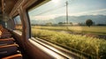 Passenger train with panoramic view moving fast against green field view. Generative AI Royalty Free Stock Photo