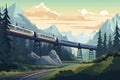 Passenger train rides along the scenic route. vector illustration