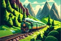 Passenger train rides in a picturesque valley. AI generated.