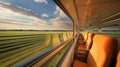 Passenger train with seats moving fast against green field view. Generative AI Royalty Free Stock Photo