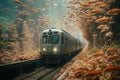 a passenger train traveling through a very underwater area of rocks and gravel Royalty Free Stock Photo