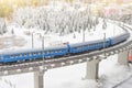 Passenger train, turn on the bridge viaduct Royalty Free Stock Photo