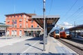 Passenger trains type Stadler Flirt of SÃÂ¼dostbahn at railway station in Arth-Goldau, Switzerland