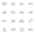 Passenger transport line icons collection. Shuttle, Bus, Taxi, Train, Subway, Tram, Trolleybus vector and linear