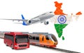 Passenger transportation in India by buses, trains and airplanes, concept. 3D rendering