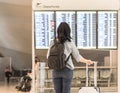 Passenger traveling with luggage and backpack at the flight information board in airport terminal waiting hall area checking time Royalty Free Stock Photo