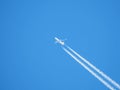 Passenger twin-engine aircraft flying high in the blue sky Royalty Free Stock Photo