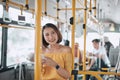 The passenger use smartphone in the bus or train, technology lifestyle, transportation and traveling concept Royalty Free Stock Photo