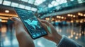 Passenger using advanced travel app on transparent device, interactive holographic map, real-time flight information floating Royalty Free Stock Photo