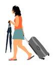 Passenger woman with bag luggage walking to airport vector. Traveler girl with umbrella go home. Lady carry baggage. Tourist