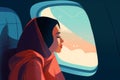 woman transportation porthole journey trip seat window passenger plane flight character. Generative AI.