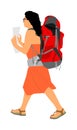 Passenger woman with luggage walking to airport and reads local map vector. Traveler girl with backpack go home. Lady carry bag.