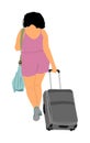 Passenger woman with luggage walking to airport vector illustration. Traveler girl and many bags go home. Lady carry baggage.
