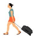 Passenger woman with luggage walking to airport vector illustration. Traveler girl and many bags go home. Lady carry baggage.