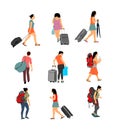 Passenger woman with luggage walking to airport vector illustration. Traveler girl and many bags go home.