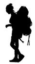 Passenger woman with luggage walking to airport vector silhouette. Traveler girl with backpack go home. Lady carry baggage.